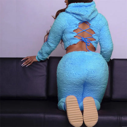 Ensemble femme 2 pièces effet laine d'agneau à capuche et pantalon