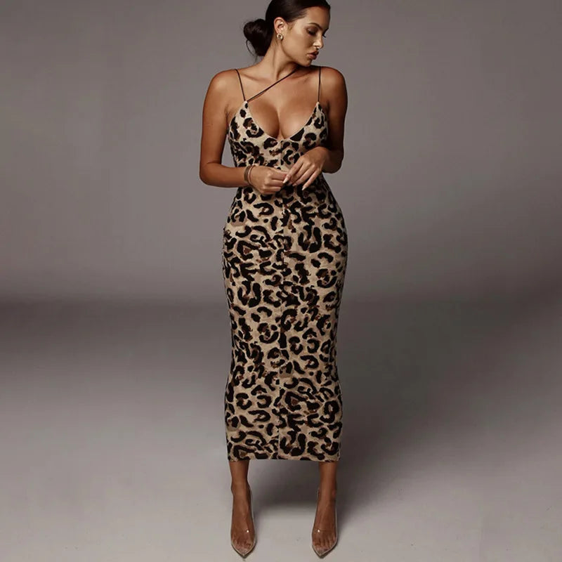 Robe mi-longue sexy à imprimé léopard pour femmes