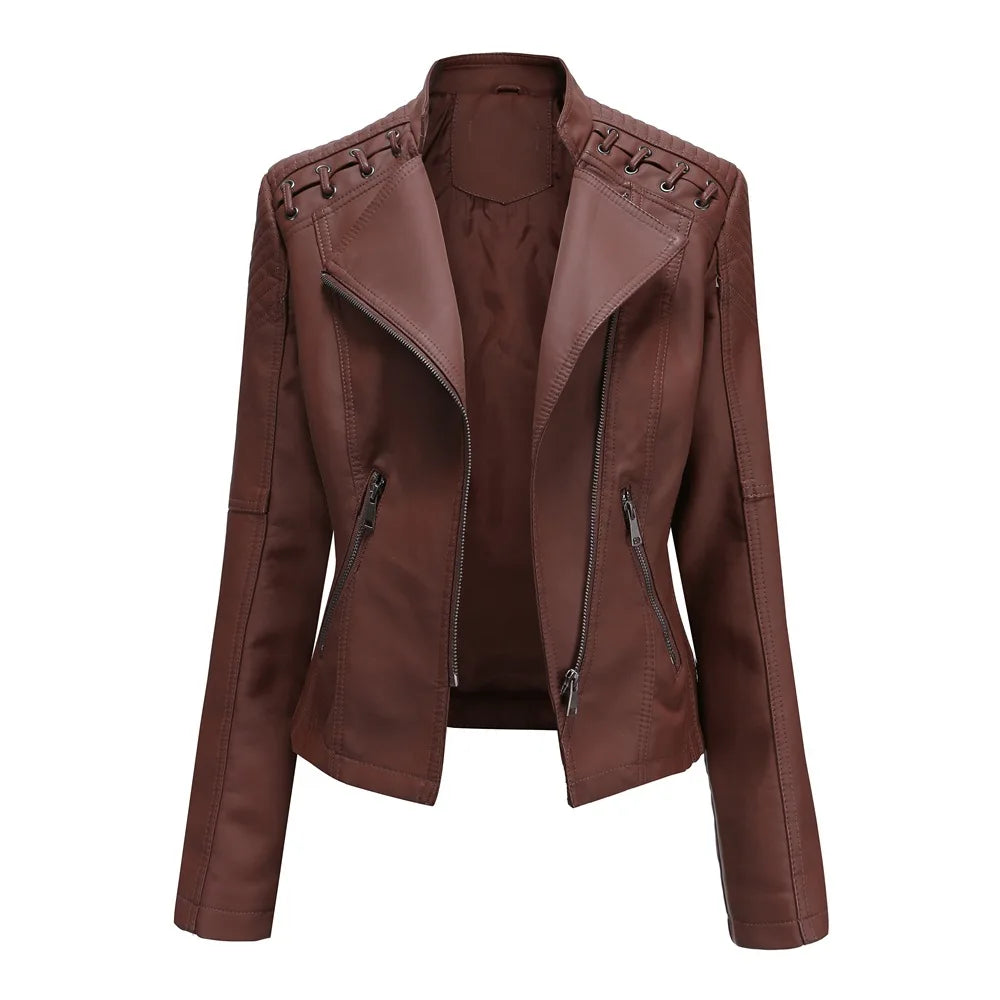 Veste en similicuir, coupe courte, manches longues pour femmes