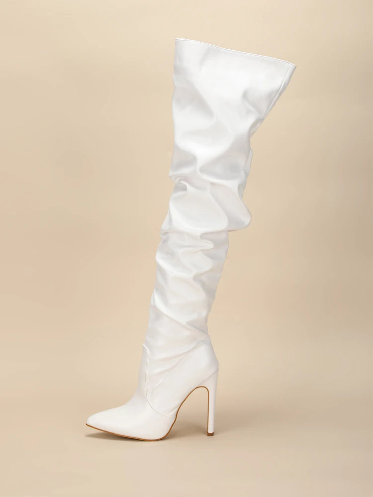 Botte cuissardes plissées mode bout pointu pour femmes