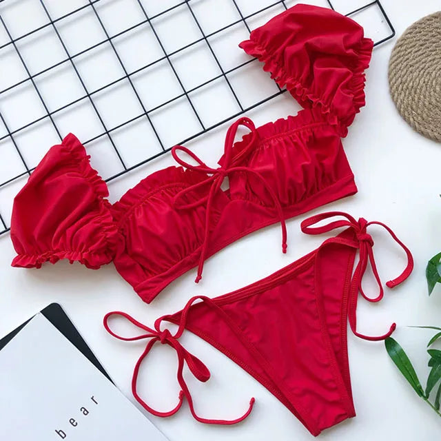 Maillot de bain deux pièces à manches courtes et à volants pour femmes