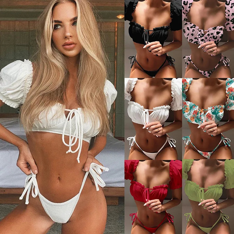 Maillot de bain deux pièces à manches courtes et à volants pour femmes