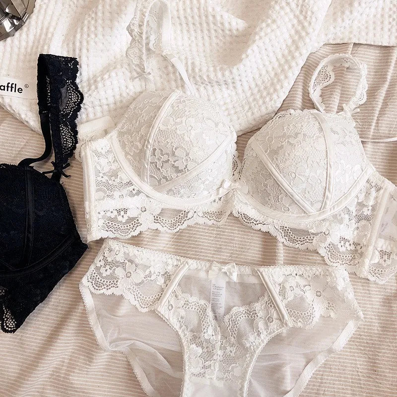 Ensemble soutien-gorge push Up en dentelle brodée et culotte pour femmes
