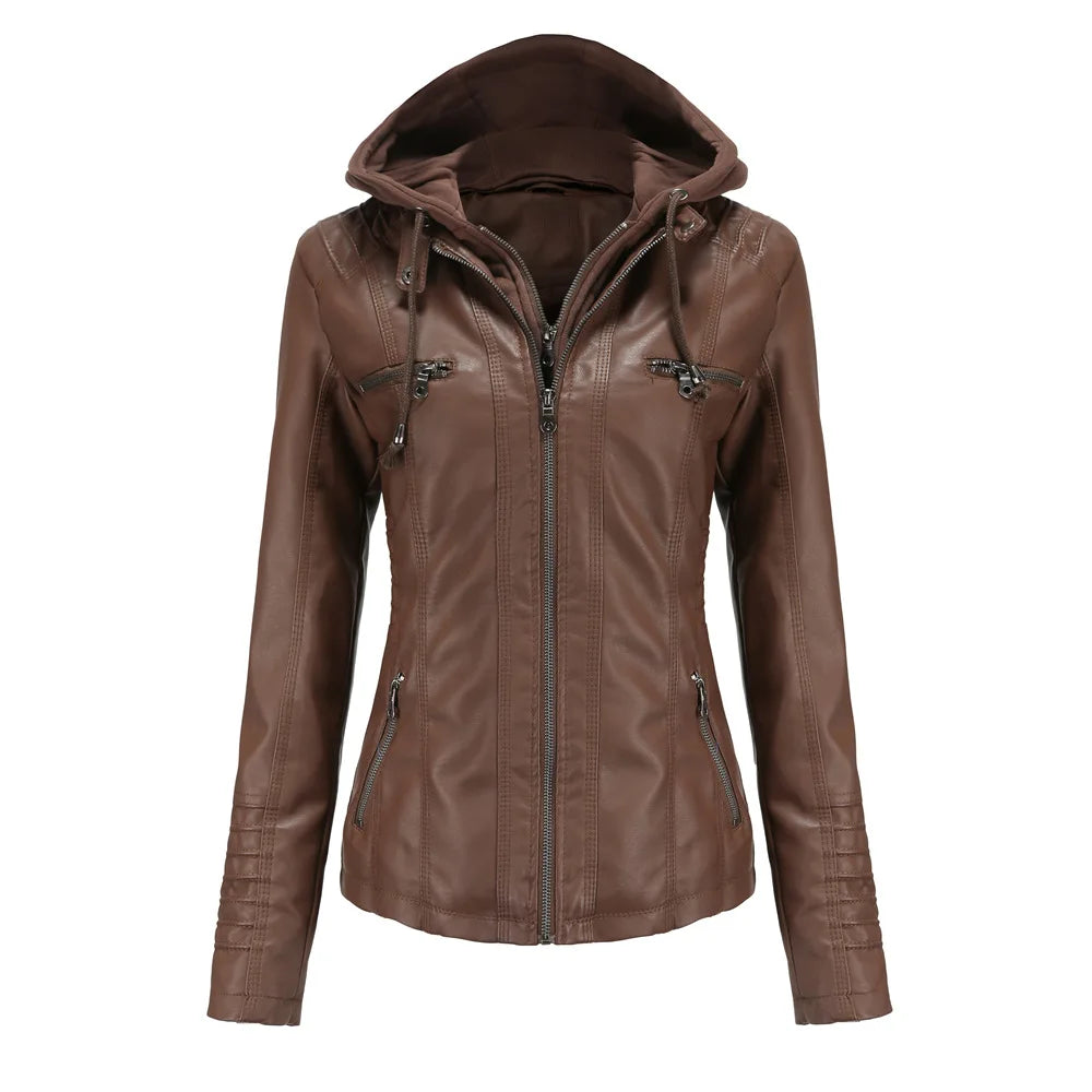 Veste en cuir PU amovible à capuche pour femmes