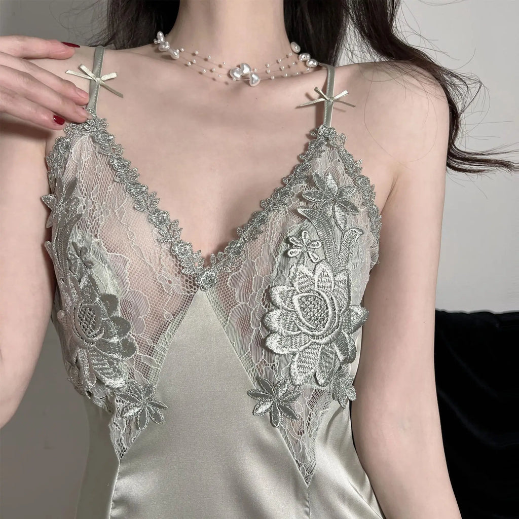 Robe de nuit Sexy en Satin ajouré et bretelles en dentelle pour femmes