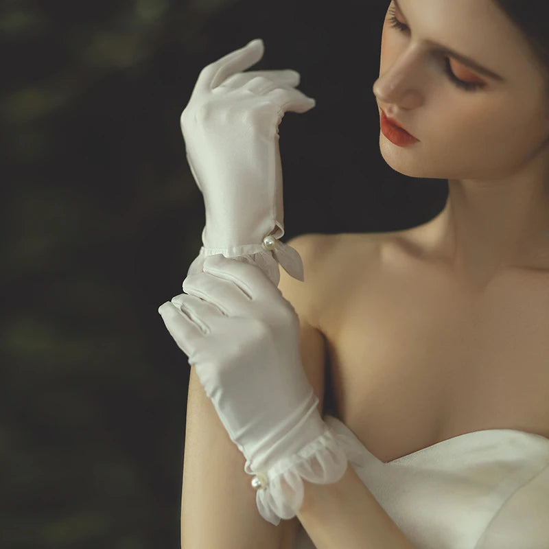 Gants de poignet courts en satin et tulle blanc pour femmes
