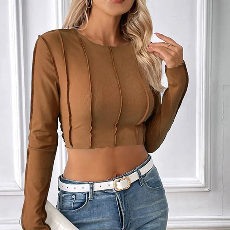 T-shirt court coupe à manches longues pour femmes