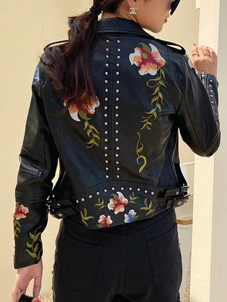 Veste en similicuir vintage imprimé floral pour femmes