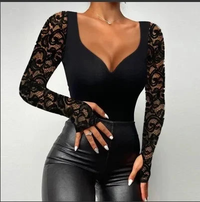 T-shirt à manches longues irrégulier en dentelle pour femmes