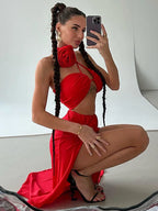 Robe longue fendue en dentelle pour femmes