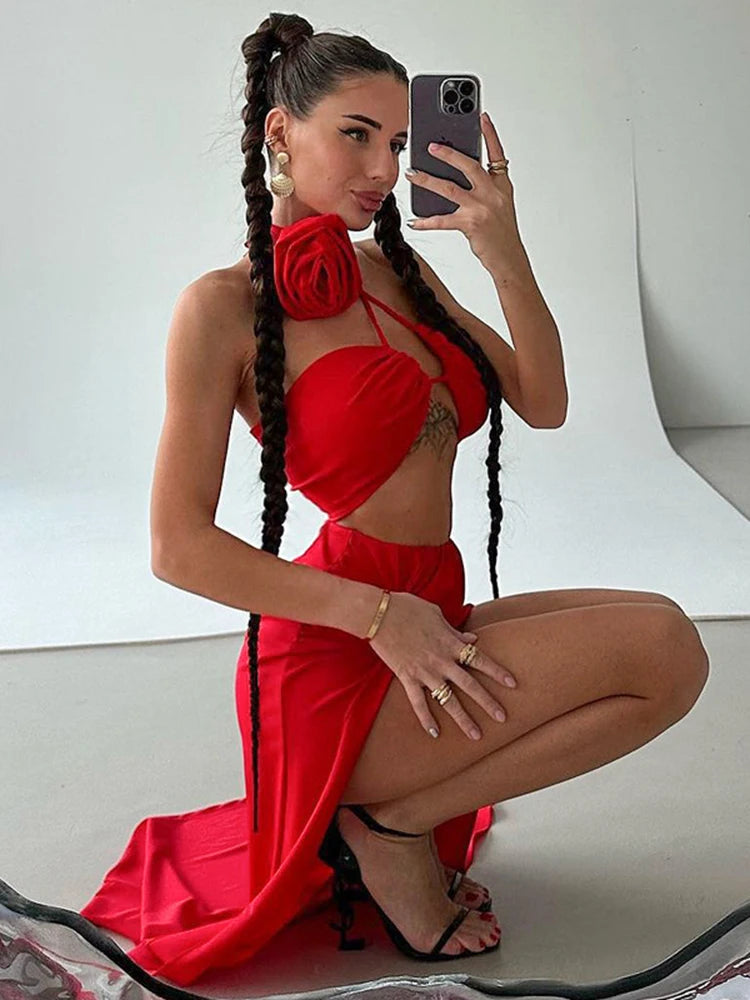Robe longue fendue en dentelle pour femmes