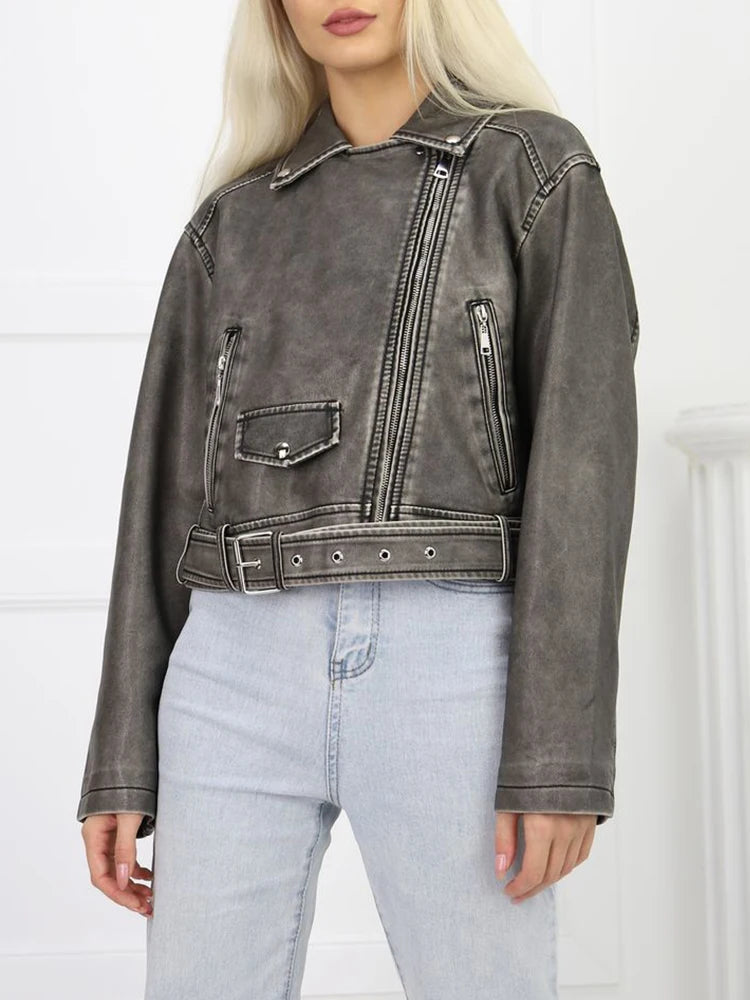 Veste vintage courte en pu faux cuir pour femmes