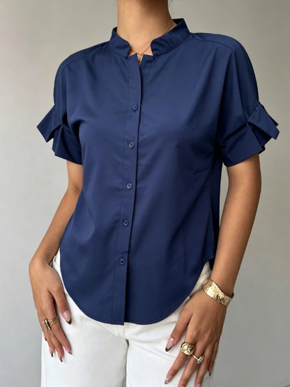 Chemisier Bleu Marine Femme – Col Montant et Manches Courtes