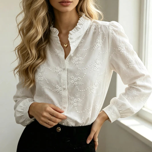 Chemisier Jacquard Fleuri Femme – Ajouré et Col à Volants