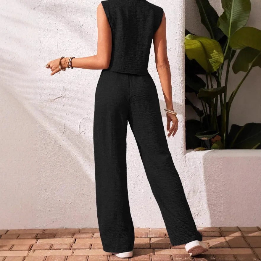 Ensemble deux pièces en coton lin gilet court haut + pantalon pour femmes