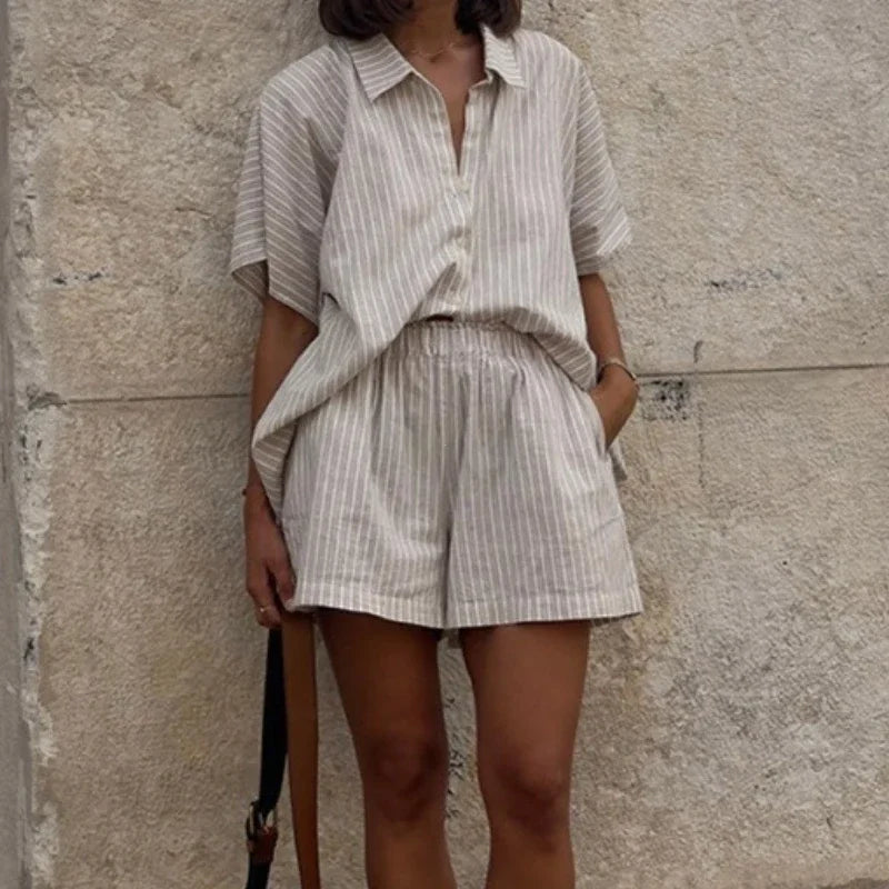 Ensembles shorts jambe large décontracté et haut à simple boutonnage rayé à lacets pour femmes