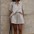 Ensembles shorts jambe large décontracté et haut à simple boutonnage rayé à lacets pour femmes