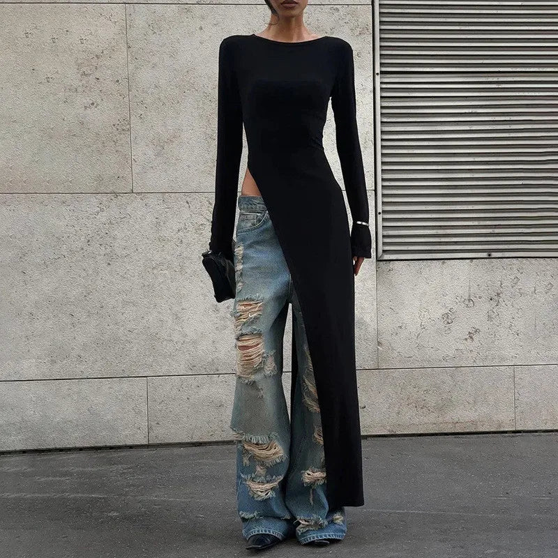 Haut Long Femme Noir Asymétrique à Fente Haute