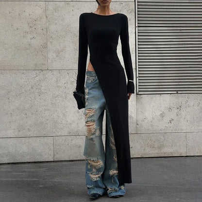 Haut Long Femme Noir Asymétrique à Fente Haute