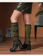 Bottes mi-mollet en PU givré avec boucle de ceinture à cinq rangées et talon ultra-haut pour femmes