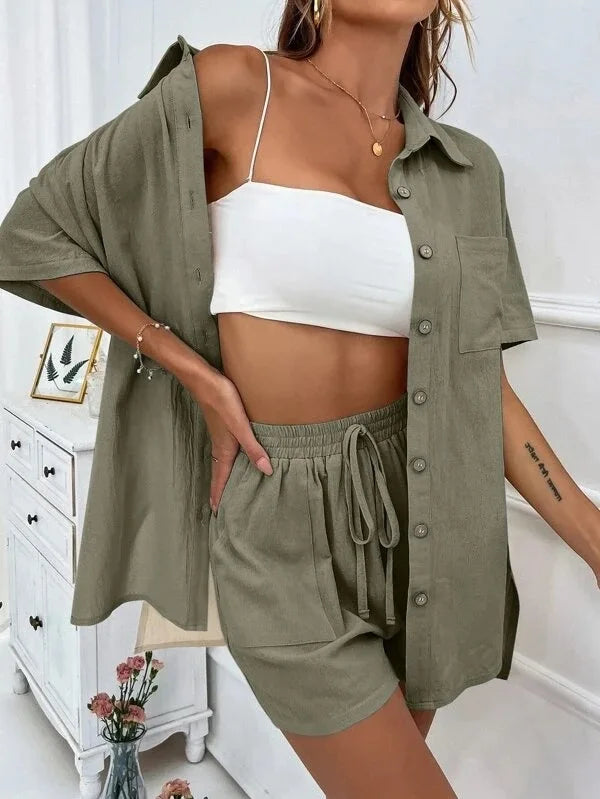 Ensemble haut à simple boutonnage et short à jambes larges pour femmes