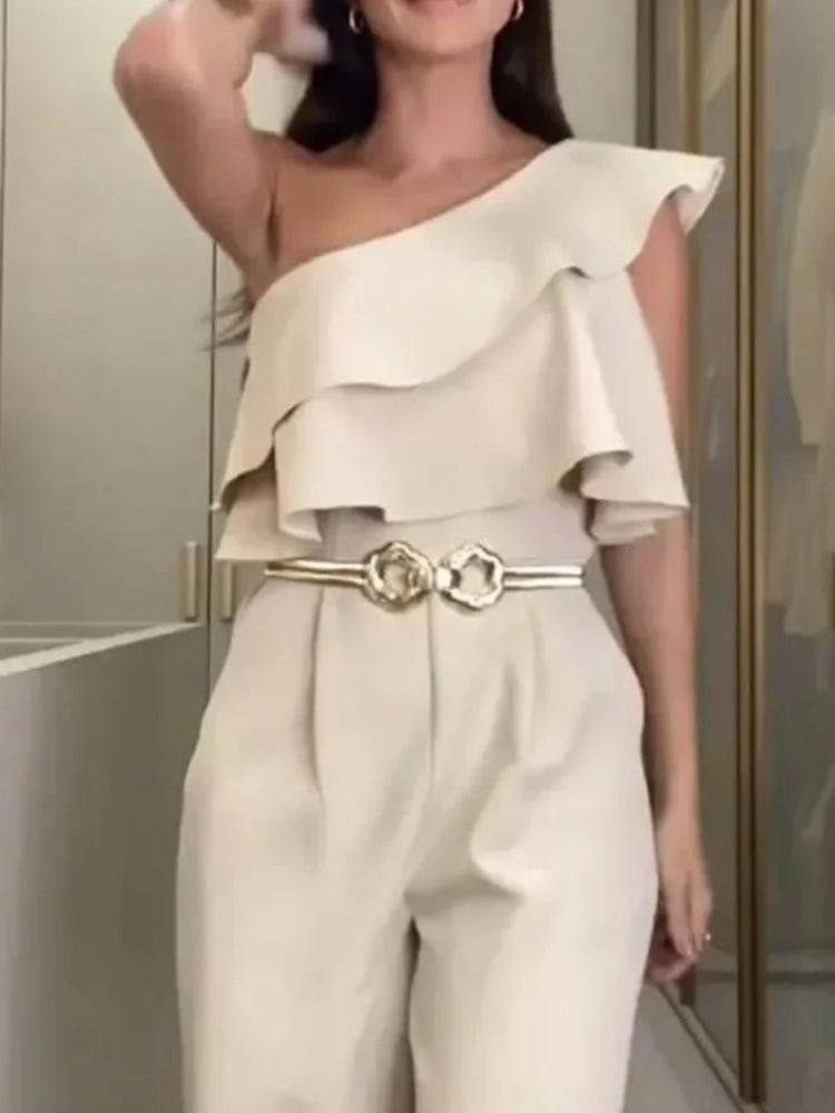 Combinaison élégante à une épaule avec décoration à volants pour femmes