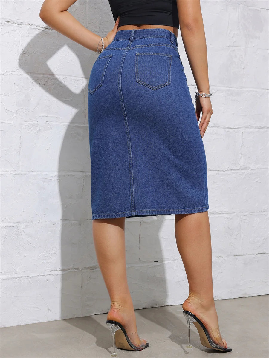 Jupe en jean vintage à simple boutonnage pour femmes