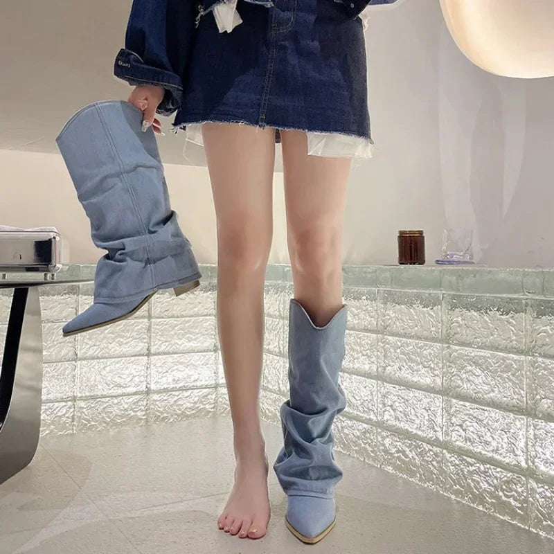 Bottes en jean plissé et à talons épais pour femmes