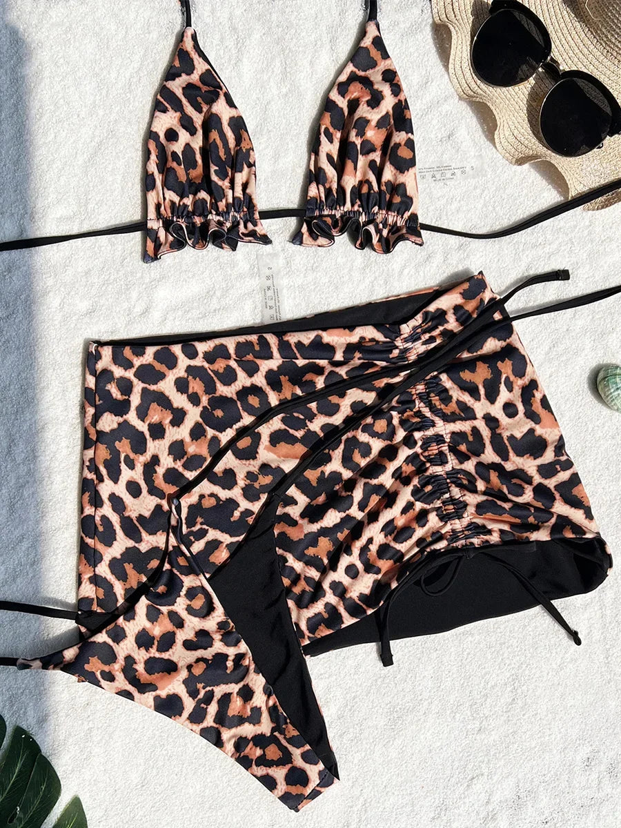 Maillot de bain 3 pièces réversible à volants pour femmes