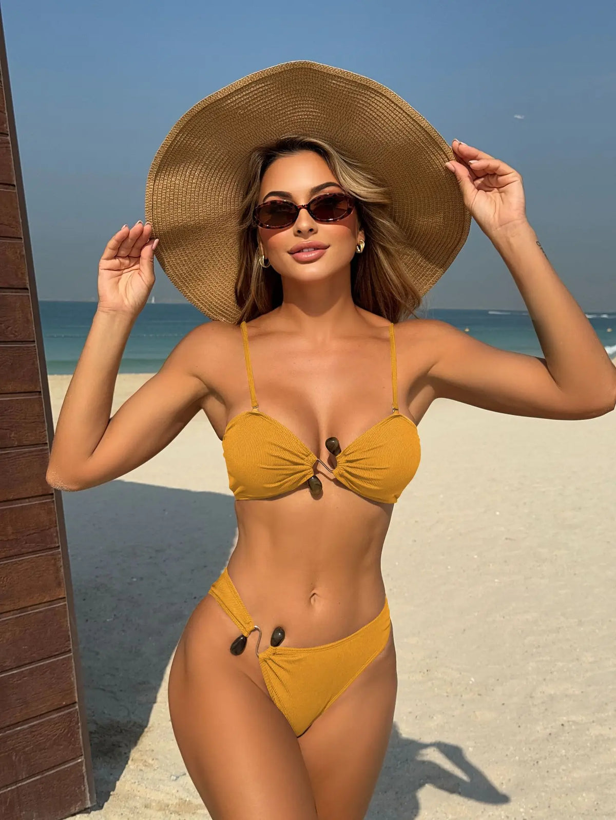 Bikini Deux Pièces à Anneau et Tissu Côtelé