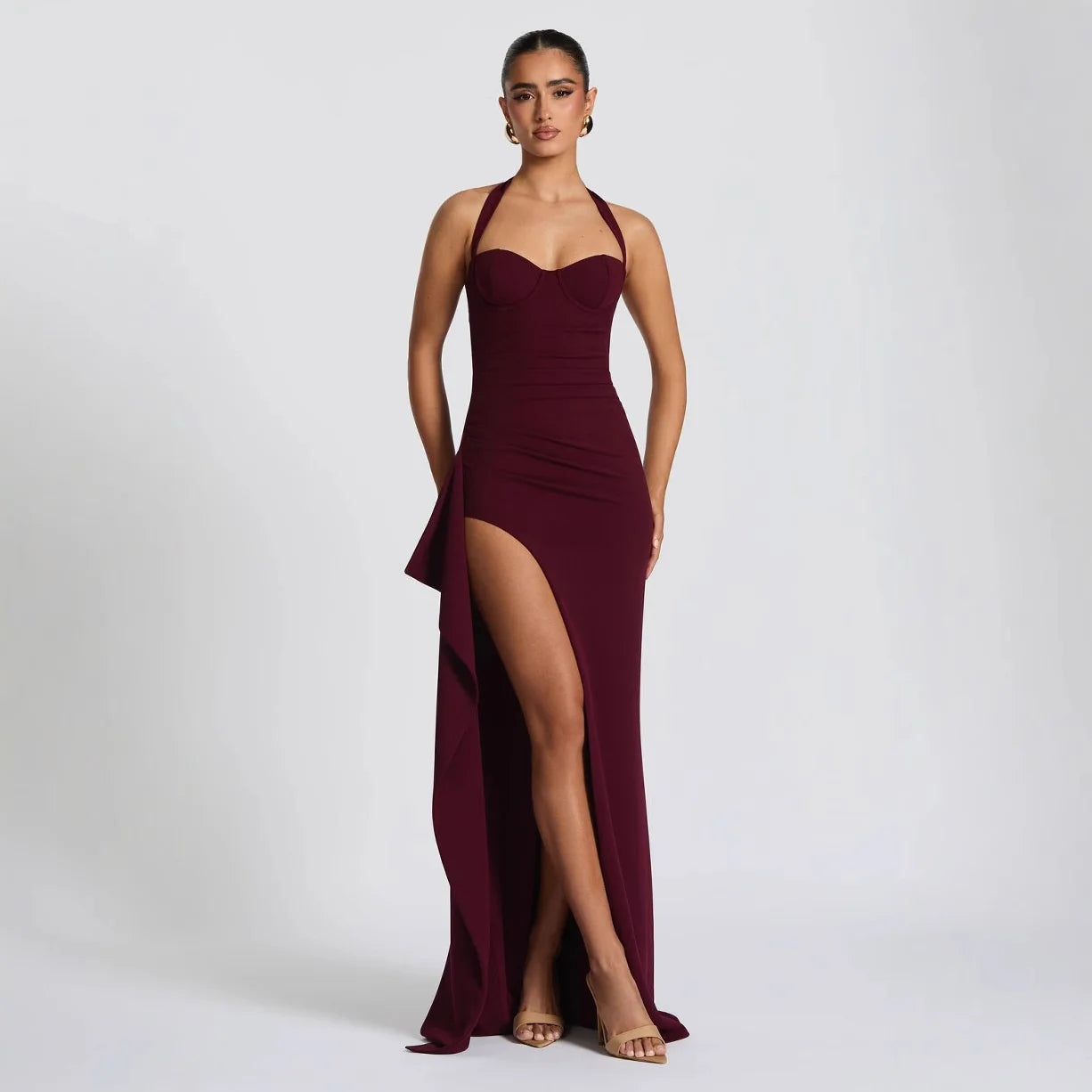 Robe longue sexy dos nu pour femme, style mode, avec lacets, sans manches, taille haute, fente cuisse haute, moulante, pour soirée et club