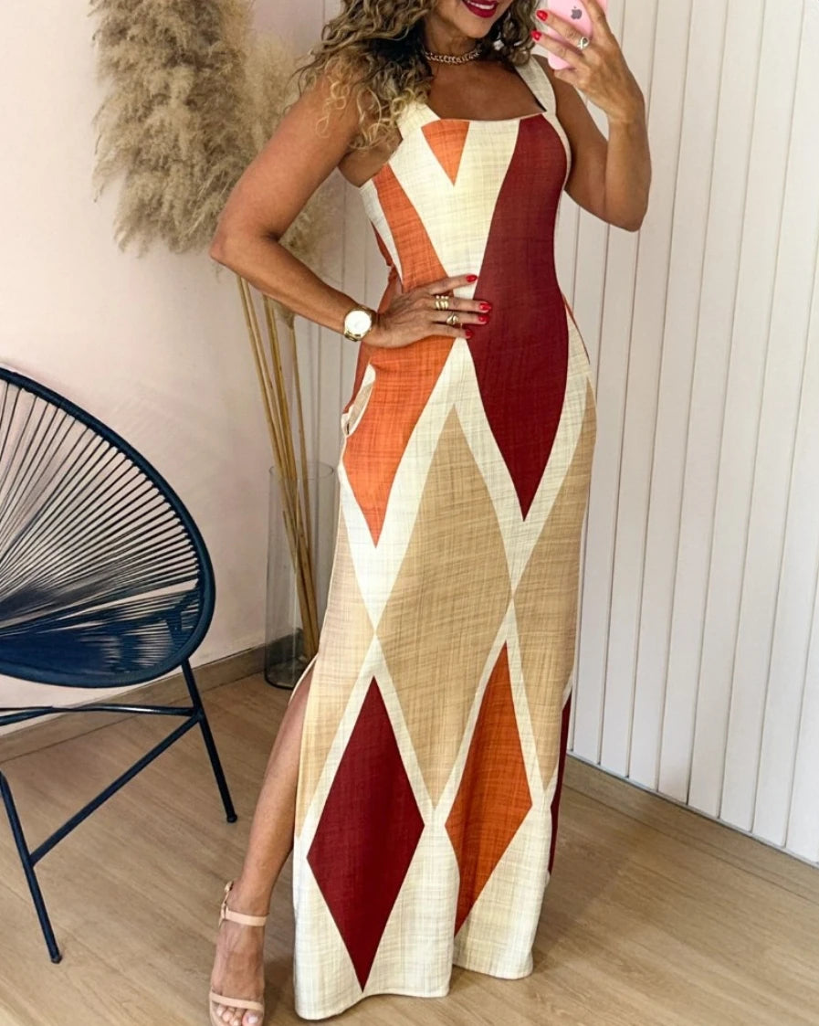 Robe longue fendue à imprimé géométrique pour femmes