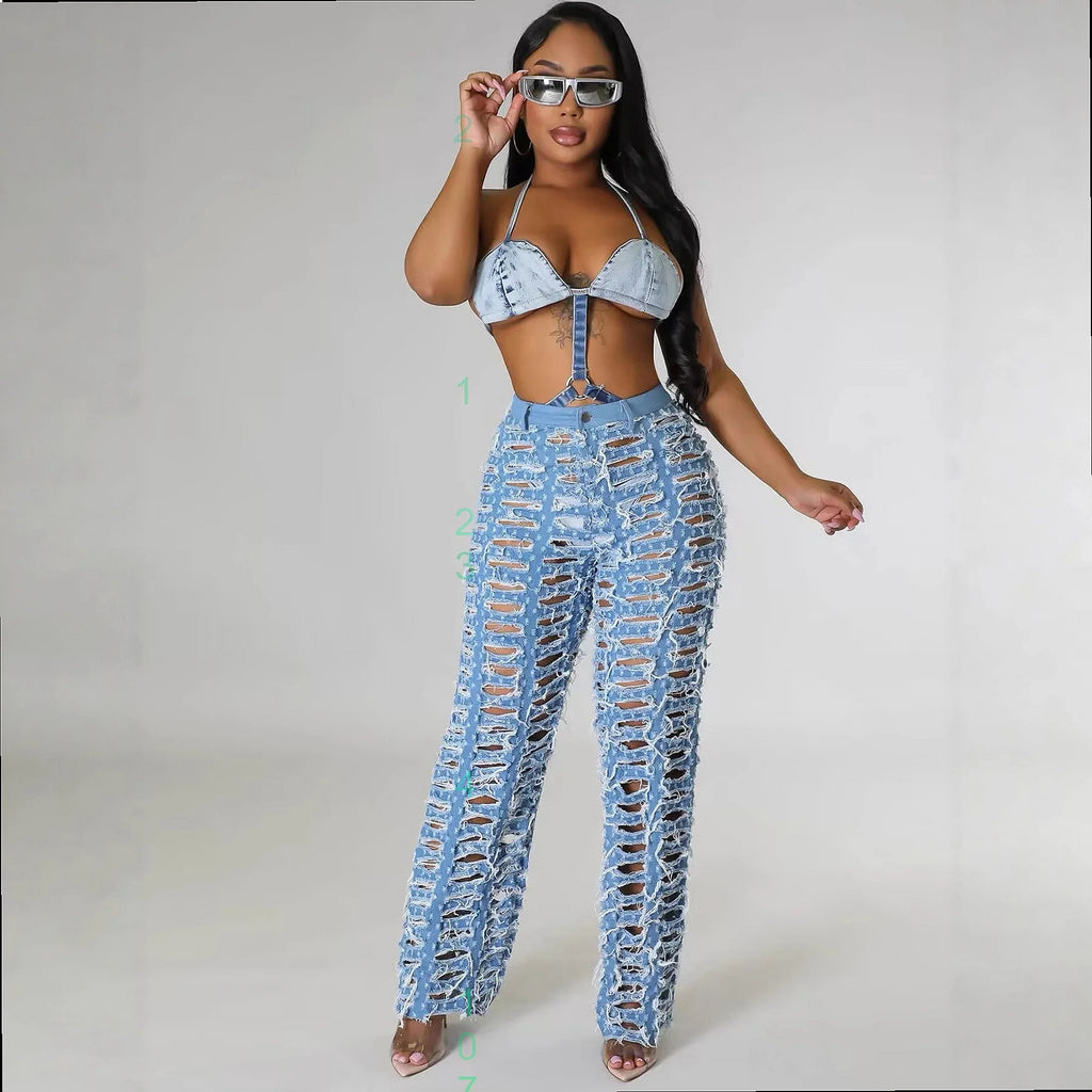Pantalon large déchiré et effiloché uni pour femmes