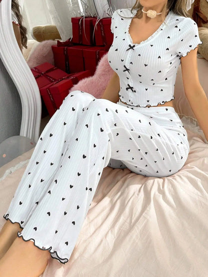 Pyjama à Cœurs Femme – Maille Côtelée et Volants