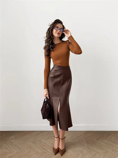 Jupe Midi Femme Effet Cuir à Coupe Sirène