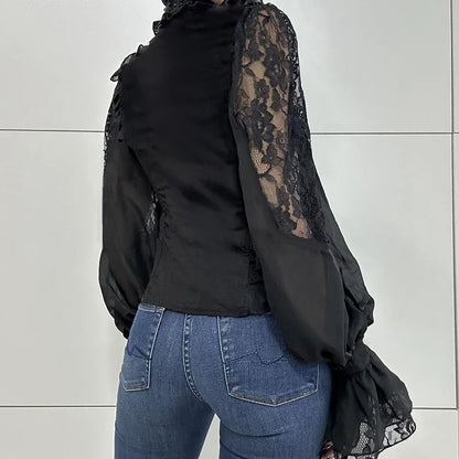 Chemisier femme rétro en dentelle florale à col montant
