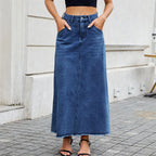 Jupe longue en jean vintage à poches amples et ourlet brut pour femmes