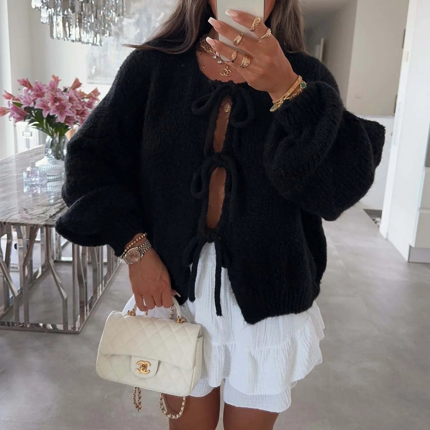 Cardigan avec nœud papillon sur le devant pour femmes