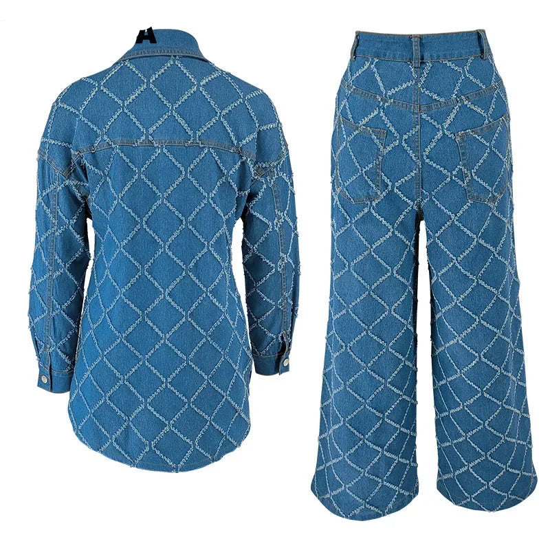 Ensemble 2 pièces chemise en jean à manches longues et pantalon large pour femmes
