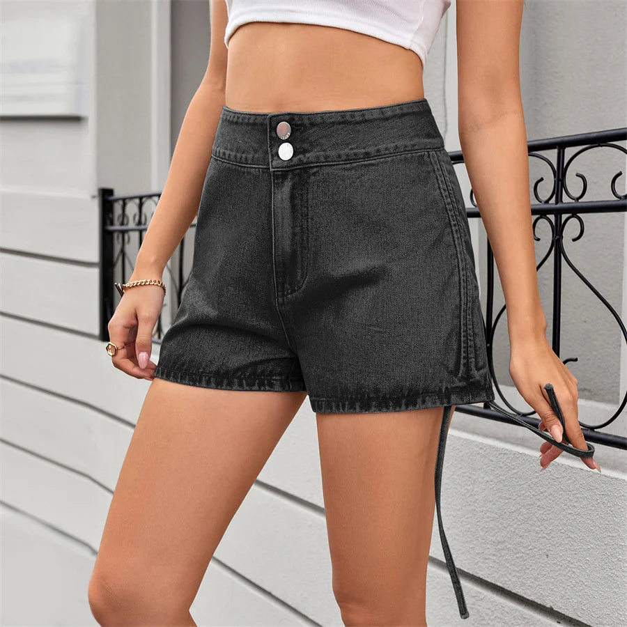 Short en jean taille haute avec cordon de serrage latéral pour femmes