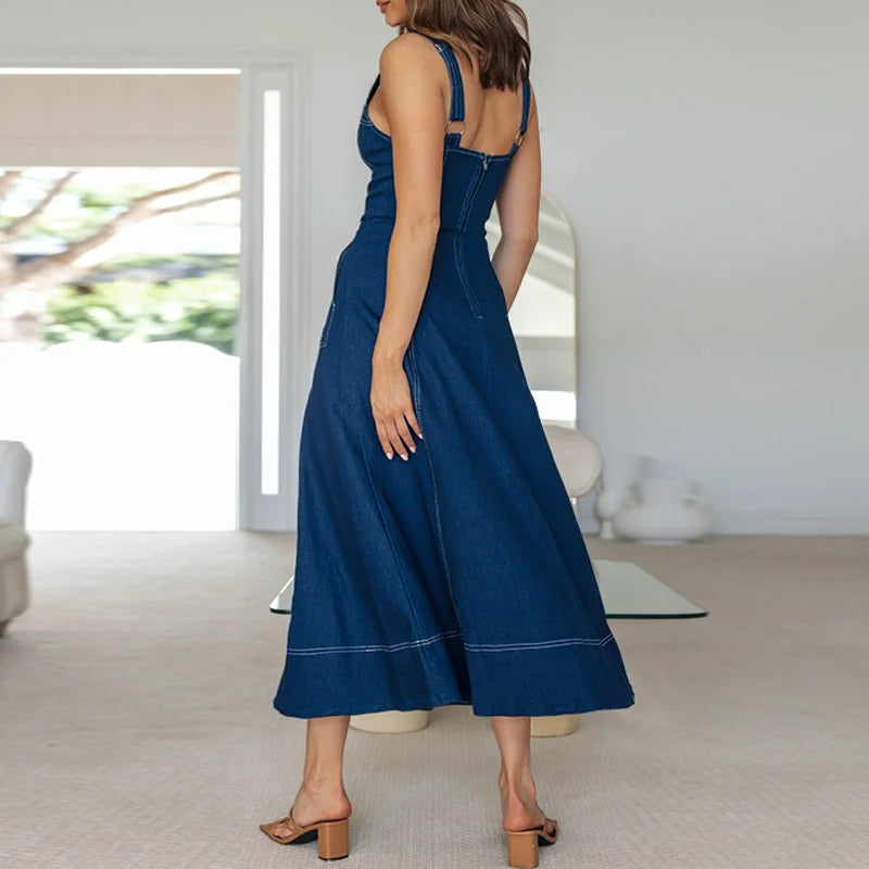 Robe vintage boutonnée à bretelles décontractées pour femmes
