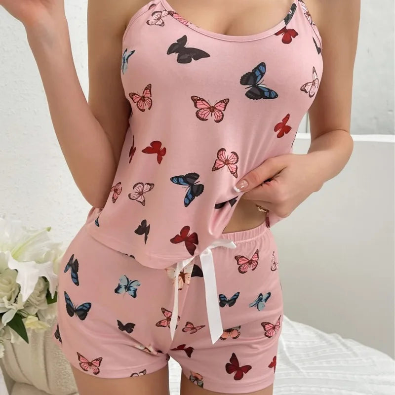 Ensemble de pyjama imprimé papillons ave haut à bretelles et short pour femmes