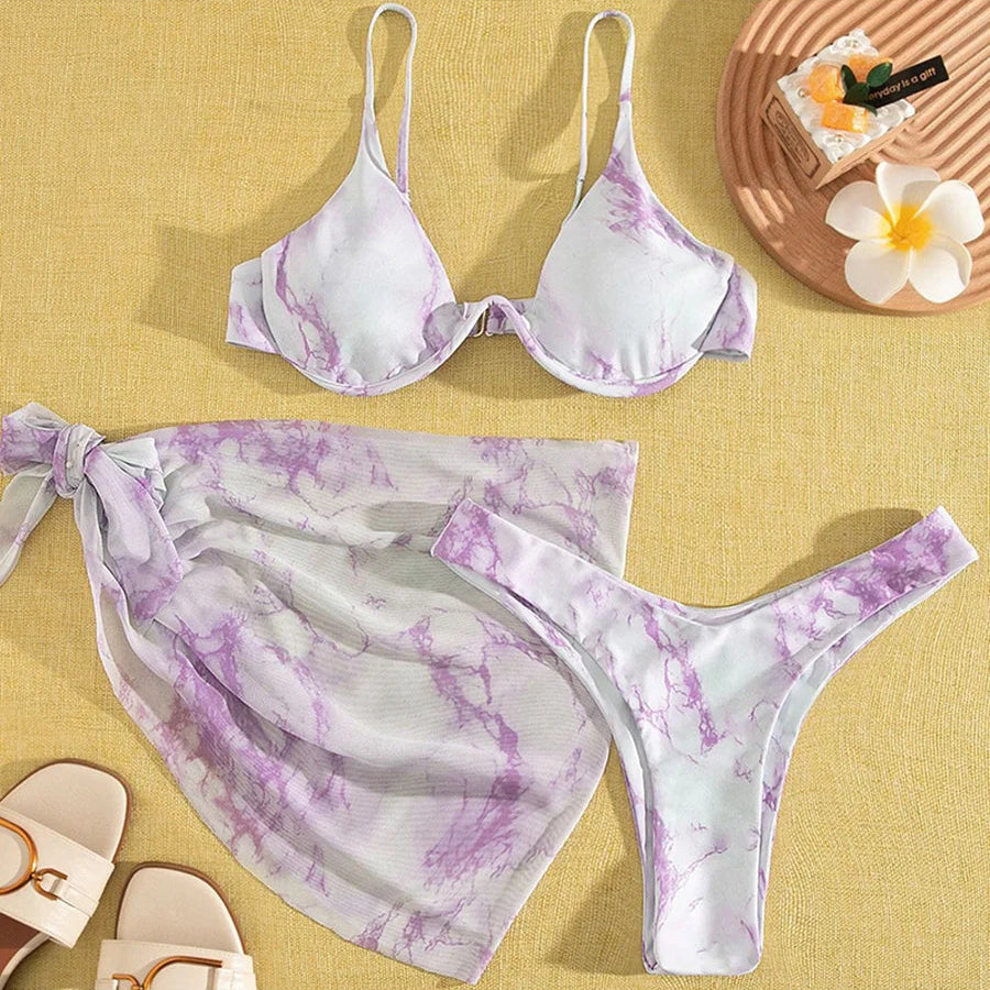 Maillot de bain trois pièces Push Up imprimé marbre, col en v, à armatures, pour femmes