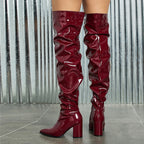 Bottes hautes plissées en cuir verni noir et marron pour femmes