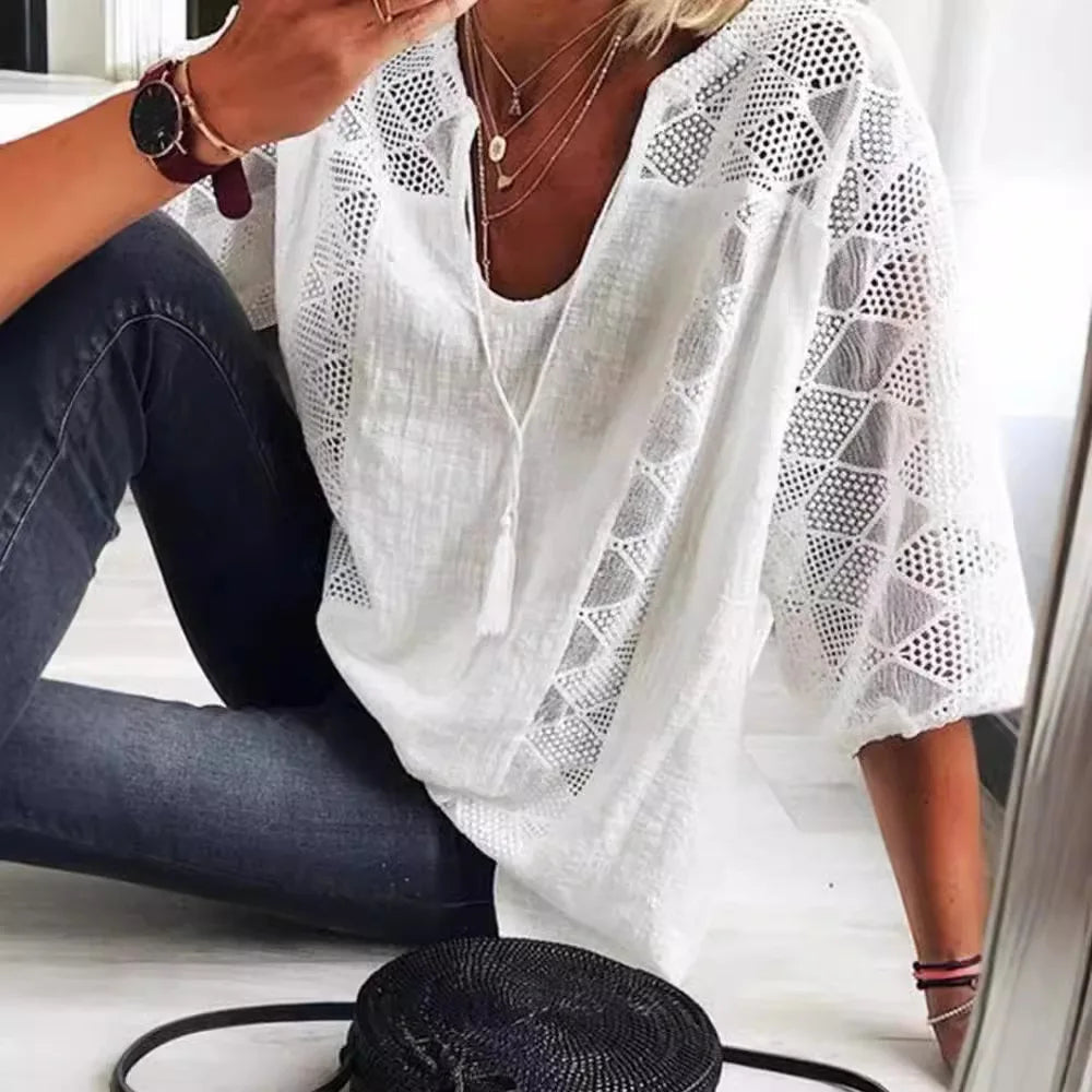 T-shirt à col U et manches trois-quarts pour femmes