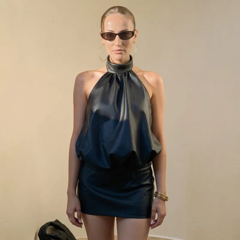Robe dos nu sexy en similicuir style années 2000 pour femmes