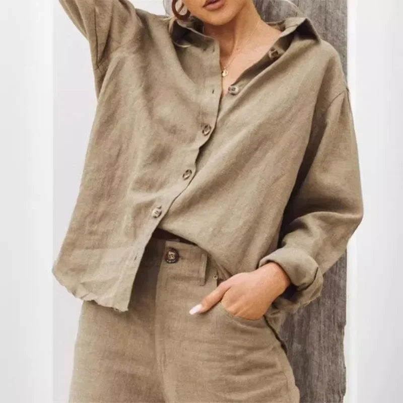 Chemise en Lin Femme – Col Rabattu et Manches Longues