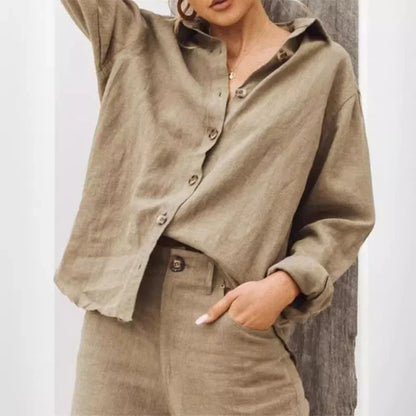 Chemise en Lin Femme – Col Rabattu et Manches Longues