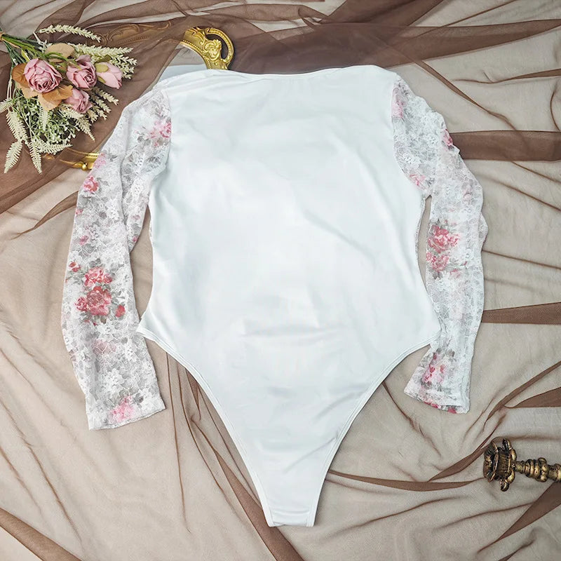 Body en dentelle grande taille transparent à manches longues sexy pour femmes