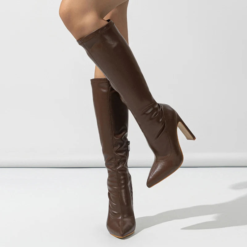 Bottes hautes à bout pointu et fermeture éclair pour femmes